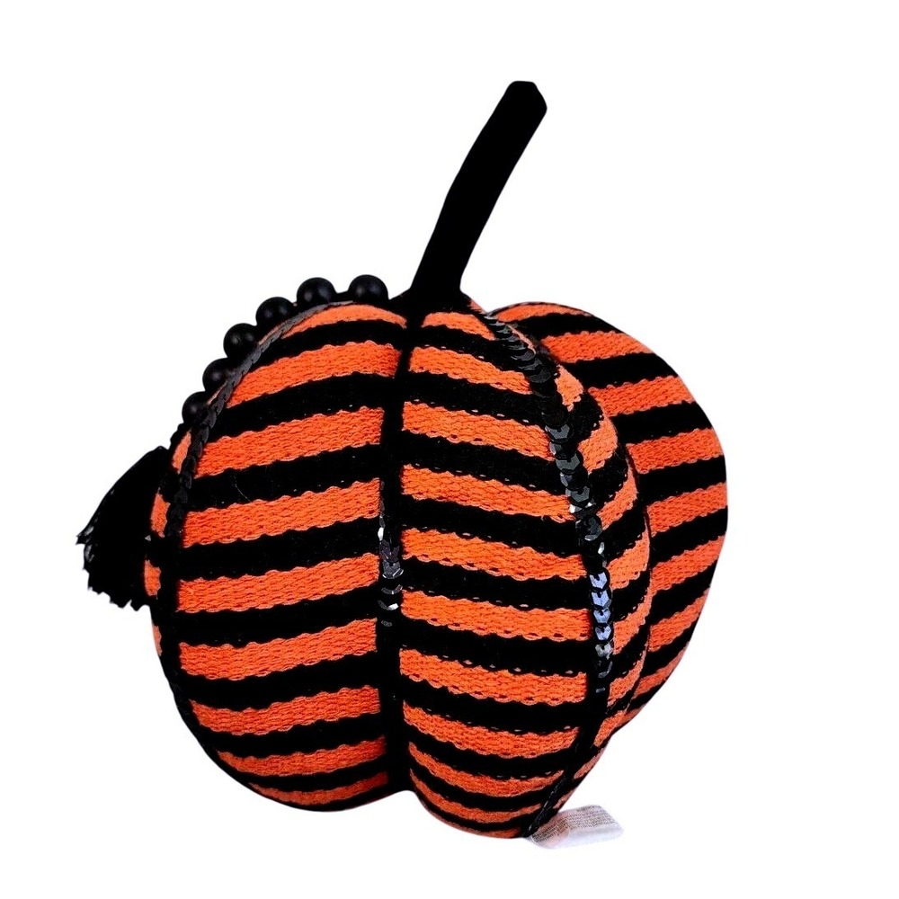 Orange Black Striped Fabric Pumpkin Halloween Decor Sequin Beaded Tassel Accent - Picture 4 of 7